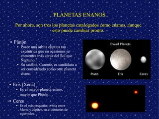 PLANETAS ENANOS
     Por ahora, son tres los planetas catalogados como enanos, aunque
                         esto puede cambiar pronto.

   Plutón
            Posee una órbita elíptica tan
             excéntrica que en ocasiones se
             encuentra más cerca del Sol que
             Neptuno.
            Su satélite, Caronte, es candidato a
             ser considerado como otro planeta
             enano.

   Eris (Xena)
            Es el mayor planeta enano,
             mayor que Plutón.
   Ceres
            Es el más pequeño; orbita entre
             Marte y Júpiter, en el cinturón de
             asteroides.
 