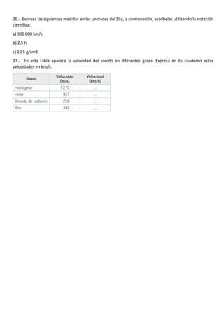 26.- Expresa las siguientes medidas en las unidades del SI y, a continuación, escríbelas utilizando la notación
científica:
a) 300 000 km/s
b) 2,5 h
c) 10,5 g/cm3
27.- En esta tabla aparece la velocidad del sonido en diferentes gases. Expresa en tu cuaderno estas
velocidades en km/h.
 