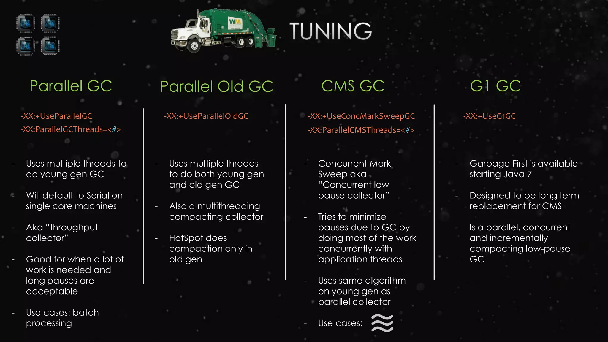 Parallel Old GC CMS GC G1 GC
-XX:+UseParallelOldGC -XX:+UseConcMarkSweepGC -XX:+UseG1GC
- Uses multiple threads
to do both young gen
and old gen GC
- Also a multithreading
compacting collector
- HotSpot does
compaction only in
old gen
Parallel GC
-XX:+UseParallelGC
- Uses multiple threads to
do young gen GC
- Will default to Serial on
single core machines
- Aka “throughput
collector”
- Good for when a lot of
work is needed and
long pauses are
acceptable
- Use cases: batch
processing
-XX:ParallelGCThreads=<#> -XX:ParallelCMSThreads=<#>
- Concurrent Mark
Sweep aka
“Concurrent low
pause collector”
- Tries to minimize
pauses due to GC by
doing most of the work
concurrently with
application threads
- Uses same algorithm
on young gen as
parallel collector
- Use cases:
- Garbage First is available
starting Java 7
- Designed to be long term
replacement for CMS
- Is a parallel, concurrent
and incrementally
compacting low-pause
GC
 