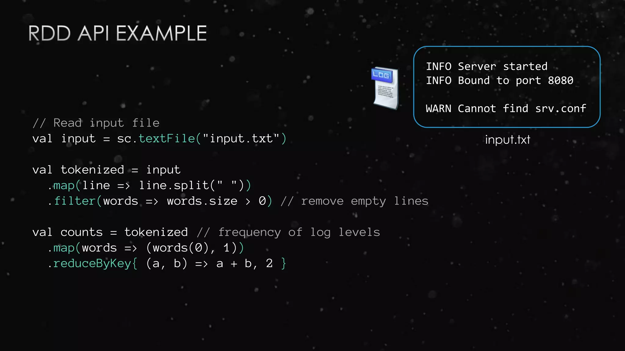 // Read input file
val input = sc.textFile("input.txt")
val tokenized = input
.map(line => line.split(" "))
.filter(words => words.size > 0) // remove empty lines
val counts = tokenized // frequency of log levels
.map(words => (words(0), 1))
.reduceByKey{ (a, b) => a + b, 2 }
INFO Server started
INFO Bound to port 8080
WARN Cannot find srv.conf
input.txt
 