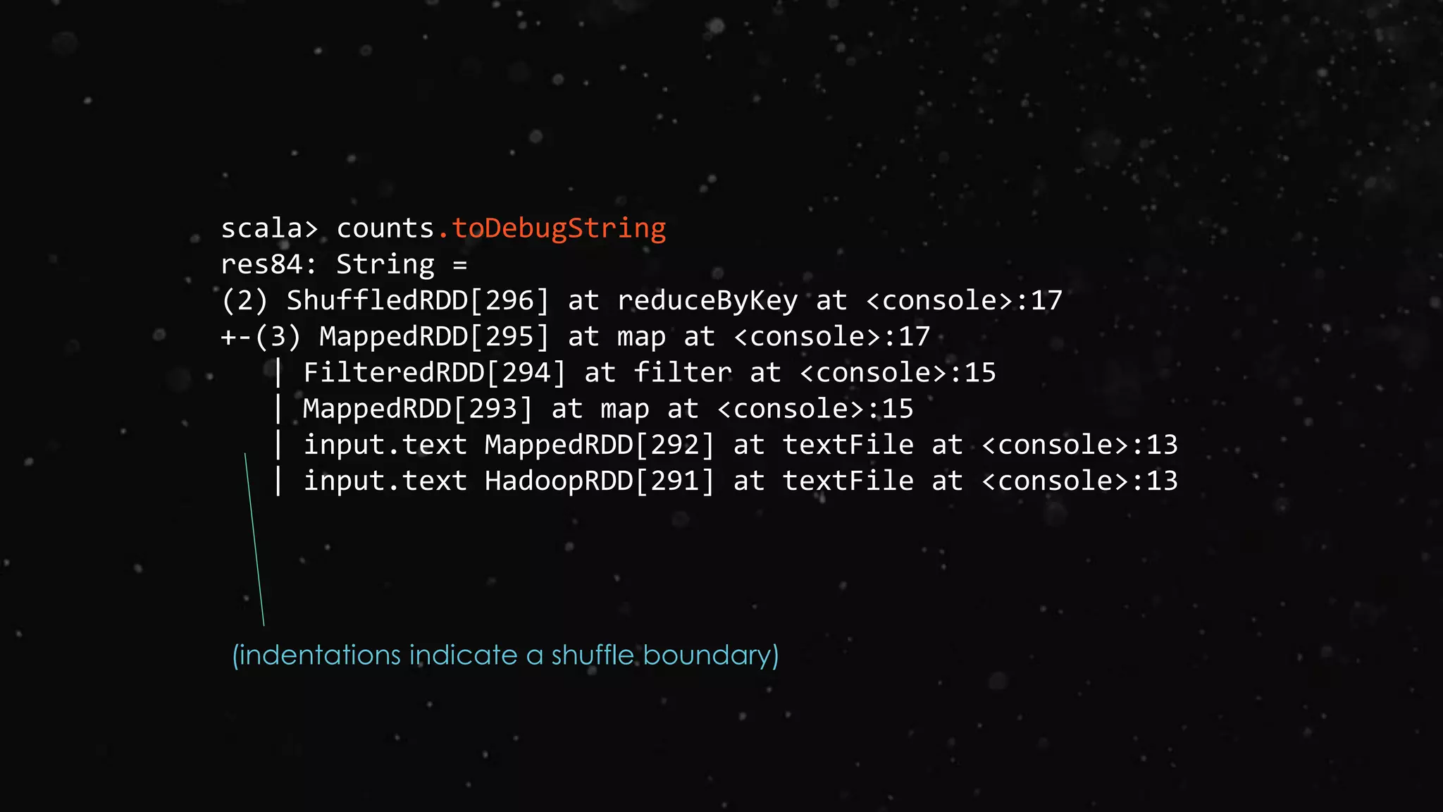 scala> counts.toDebugString
res84: String =
(2) ShuffledRDD[296] at reduceByKey at <console>:17
+-(3) MappedRDD[295] at map at <console>:17
| FilteredRDD[294] at filter at <console>:15
| MappedRDD[293] at map at <console>:15
| input.text MappedRDD[292] at textFile at <console>:13
| input.text HadoopRDD[291] at textFile at <console>:13
(indentations indicate a shuffle boundary)
 