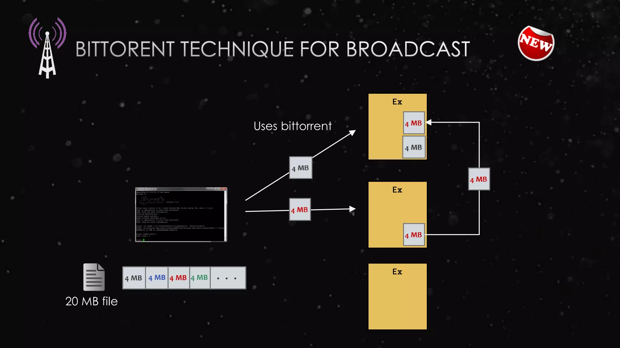 Ex
Ex
Ex
20 MB file
Uses bittorrent
. . .4 MB 4 MB 4 MB 4 MB
 