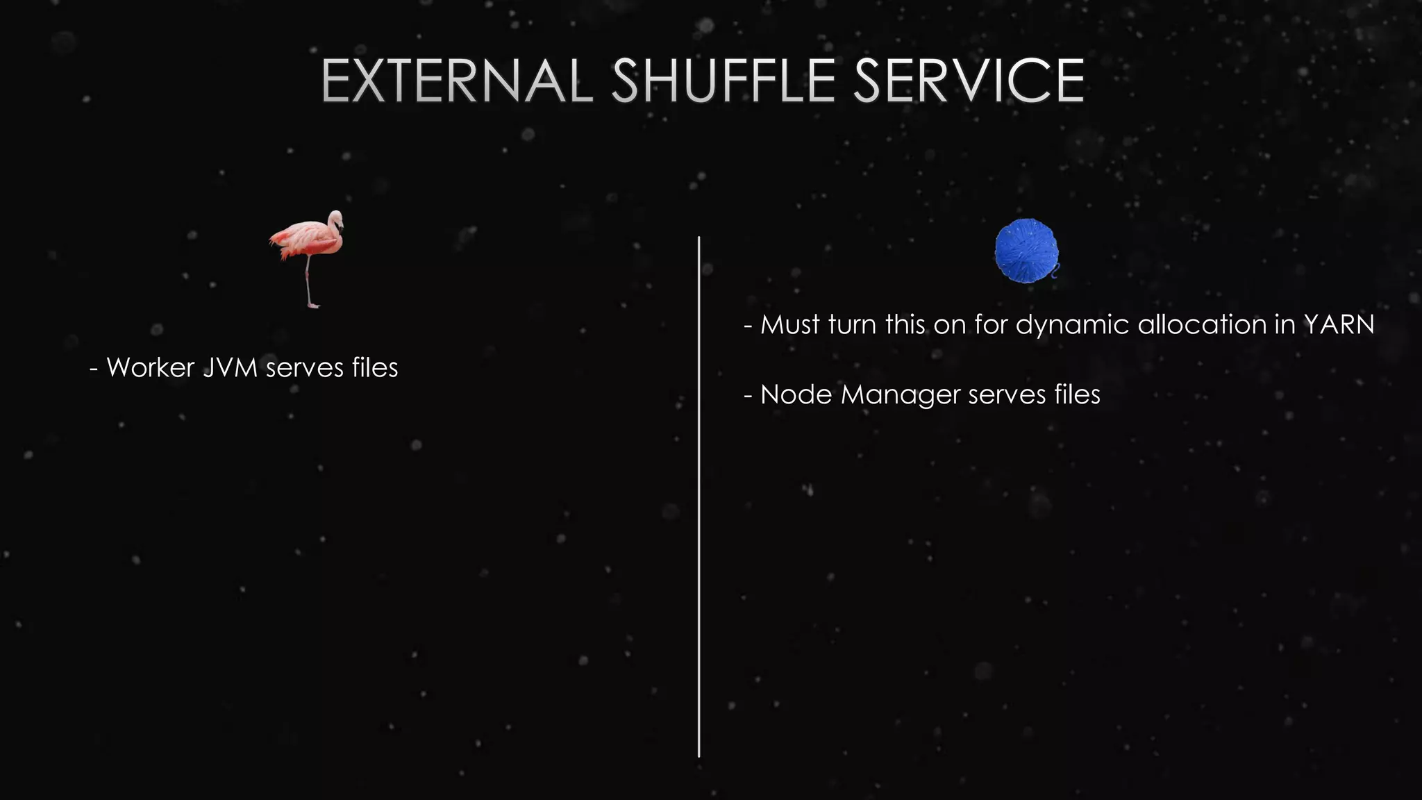 - Must turn this on for dynamic allocation in YARN
- Worker JVM serves files
- Node Manager serves files
 