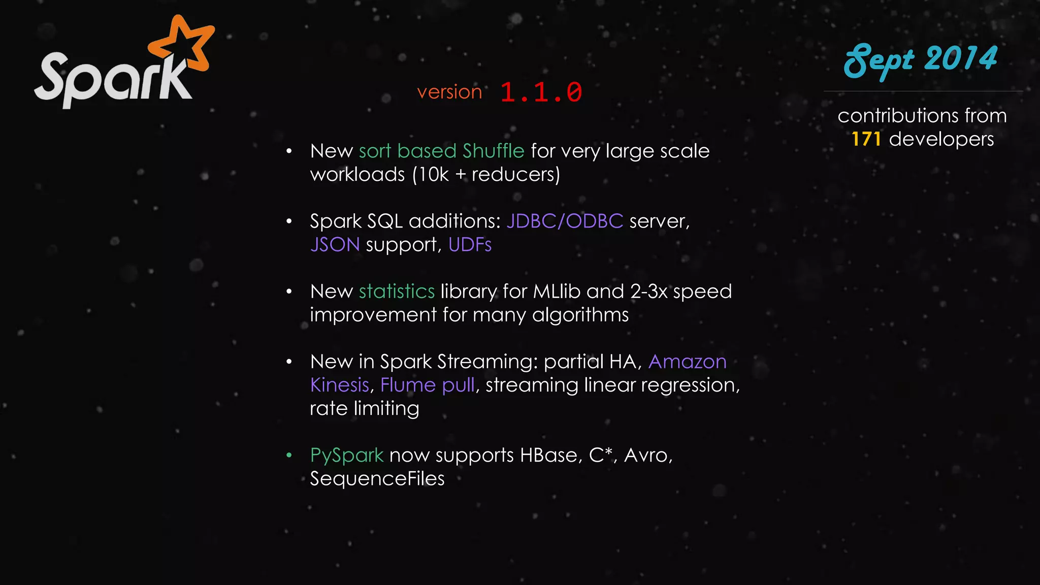 • New sort based Shuffle for very large scale
workloads (10k + reducers)
• Spark SQL additions: JDBC/ODBC server,
JSON support, UDFs
• New statistics library for MLlib and 2-3x speed
improvement for many algorithms
• New in Spark Streaming: partial HA, Amazon
Kinesis, Flume pull, streaming linear regression,
rate limiting
• PySpark now supports HBase, C*, Avro,
SequenceFiles
Sept 2014
1.1.0version
contributions from
171 developers
 