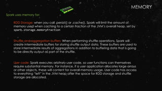 RDD Storage: when you call .persist() or .cache(). Spark will limit the amount of
memory used when caching to a certain fraction of the JVM’s overall heap, set by
spark.storage.memoryFraction
Shuffle and aggregation buffers: When performing shuffle operations, Spark will
create intermediate buffers for storing shuffle output data. These buffers are used to
store intermediate results of aggregations in addition to buffering data that is going
to be directly output as part of the shuffle.
User code: Spark executes arbitrary user code, so user functions can themselves
require substantial memory. For instance, if a user application allocates large arrays
or other objects, these will content for overall memory usage. User code has access
to everything “left” in the JVM heap after the space for RDD storage and shuffle
storage are allocated.
Spark uses memory for:
 