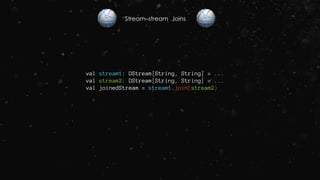 Stream–stream Joins
val stream1: DStream[String, String] = ...
val stream2: DStream[String, String] = ...
val joinedStream = stream1.join(stream2)
 