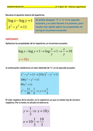 EJERCICIO RESUELTO:__________________________________EJ. 5 Apart. (b) – Sistemas Logarítmicos



Resuelve el siguiente sistema de logaritmos:

log x − log y = 1                Se podría despejar “x” o “y” en la segunda
 2                               ecuación, y su valor llevarlo a la primera, pero
 x − y 2 = 11                    resulta más rápido aplicar las propiedades de
                                  los log en la primera ecuación.


EMPEZAMOS:
Aplicamos las propiedades de los logaritmos, en la primera ecuación:

                                                    x      x
              log x − log y = 1 → log                 = 1 → = 10
                                                    y      y
              x = 10 y

A continuación substituimos el valor obtenido de “x”, en la segunda ecuación:


                 x 2 − y 2 = 11 → (10 y ) − y 2 = 11
                                               2



                100 y 2 − y 2 = 11
                99 y 2 = 11
                        11 1      1
                 y2 =     = → y=±
                        99 9      3

El valor negativo de la solución, no lo cogeremos ya que no existen log de números
negativos. Por lo tanto, la solución al sistema es:

                       1
                   y = ⇒ x = 10 y
                       3
                          1 10
                   x = 10· =
                          3 3
 