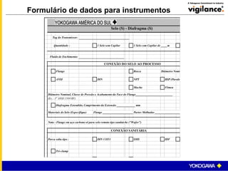 Selo (S) - Diafragma (S)
Tag do Transmissor:
Quantidade : 1 Selo sem Capilar 1 Selo com Capilar de ____m
Fluído de Enchimento:
CONEXÃO DO SELO AO PROCESSO
Flange Rosca Diâmetro Nomin
ANSI DIN NPT BSP (Paralel
Macho Fêmea
Diâmetro Nominal, Classe de Pressão e Acabamento da Face do Flange________________________
(Ex.: 3" ANSI 150# RF)
Diafragma Estendido, Comprimento da Extensão ____________ mm
Materiais do Selo (Especifique) Flange ____________________Partes Molhadas _________________
Nota : Flange em aço carbono só para selo remoto tipo sanduiche ("Wafer")
CONEXÃO SANITÁRIA
Porca solta tipo : DIN 11851 SMS IDF
Tri-clamp
Formulário de dados para instrumentos
 