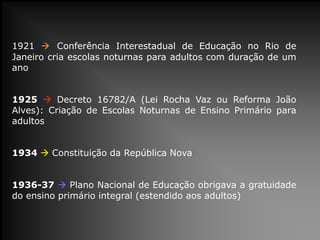 1921  Conferência Interestadual de Educação no Rio de
Janeiro cria escolas noturnas para adultos com duração de um
ano
1925  Decreto 16782/A (Lei Rocha Vaz ou Reforma João
Alves): Criação de Escolas Noturnas de Ensino Primário para
adultos
1934  Constituição da República Nova
1936-37  Plano Nacional de Educação obrigava a gratuidade
do ensino primário integral (estendido aos adultos)
 