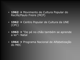 • 1962  Movimento de Cultura Popular do
Recife/Paulo Freire (MCP)
• 1962  Centro Popular de Cultura da UNE
(CPC)
• 1963  “De pé no chão também se aprende
a ler”- Natal
• 1964  Programa Nacional de Alfabetização
do MEC
 