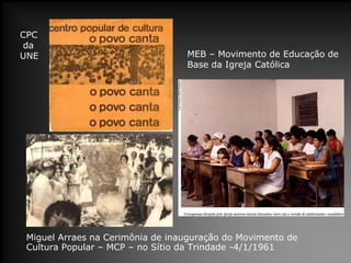 Miguel Arraes na Cerimônia de inauguração do Movimento de
Cultura Popular – MCP – no Sítio da Trindade -4/1/1961
MEB – Movimento de Educação de
Base da Igreja Católica
CPC
da
UNE
 