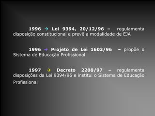1996  Lei 9394, 20/12/96 – regulamenta
disposição constitucional e prevê a modalidade de EJA
1996  Projeto de Lei 1603/96 – propõe o
Sistema de Educação Profissional
1997  Decreto 2208/97 – regulamenta
disposições da Lei 9394/96 e institui o Sistema de Educação
Profissional
 