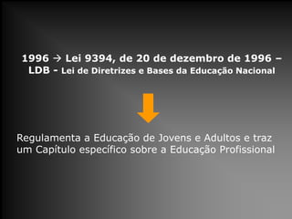 1996  Lei 9394, de 20 de dezembro de 1996 –
LDB - Lei de Diretrizes e Bases da Educação Nacional
Regulamenta a Educação de Jovens e Adultos e traz
um Capítulo específico sobre a Educação Profissional
 