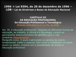 1996  Lei 9394, de 20 de dezembro de 1996 –
LDB - Lei de Diretrizes e Bases da Educação Nacional
CAPÍTULO III
DA EDUCAÇÃO PROFISSIONAL
Da Educação Profissional e Tecnológica
(Redação dada pela Lei nº 11.741, de 2008)
Art. 39. A educação profissional, integrada às diferentes formas de
educação, ao trabalho, à ciência e à tecnologia, conduz ao
permanente desenvolvimento de aptidões para a vida
produtiva.(Regulamento)
Parágrafo único. O aluno matriculado ou egresso do ensino
fundamental, médio e superior, bem como o trabalhador em geral,
jovem ou adulto, contará com a possibilidade de acesso à
educação profissional.
 