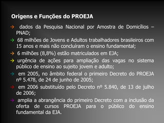 Origens e Funções do PROEJA
 dados da Pesquisa Nacional por Amostra de Domicílios –
PNAD;
 68 milhões de Jovens e Adultos trabalhadores brasileiros com
15 anos e mais não concluíram o ensino fundamental;
 6 milhões (8,8%) estão matriculados em EJA;
 urgência de ações para ampliação das vagas no sistema
público de ensino ao sujeito jovem e adulto;
 em 2005, no âmbito federal o primeiro Decreto do PROEJA
nº 5.478, de 24 de junho de 2005;
 em 2006 substituído pelo Decreto nº 5.840, de 13 de julho
de 2006;
 amplia a abrangência do primeiro Decreto com a inclusão da
oferta de cursos PROEJA para o público do ensino
fundamental da EJA.
 