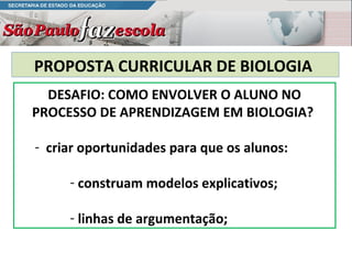 PROPOSTA CURRICULAR DE BIOLOGIA
  DESAFIO: COMO ENVOLVER O ALUNO NO
PROCESSO DE APRENDIZAGEM EM BIOLOGIA?

- criar oportunidades para que os alunos:

     - construam modelos explicativos;

     - linhas de argumentação;
 