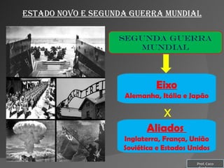 ESTADO NOVO E SEGUNDA GUERRA MUNDIAL Segunda Guerra Mundial Eixo Alemanha, Itália e Japão x Aliados  Inglaterra, França, União Soviética e Estados Unidos Prof. Caco Cardozo 