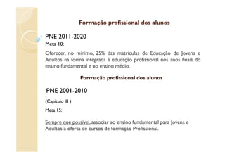 Formação profissional dos alunos

PNE 2011-2020
    2011-
Meta 10:
Oferecer, no mínimo, 25% das matrículas de Educação de Jovens e
Adultos na forma integrada à educação profissional nos anos finais do
ensino fundamental e no ensino médio.

                  Formação profissional dos alunos

PNE 2001-2010
    2001-
(Capítulo III )
Meta 15:

Sempre que possível, associar ao ensino fundamental para Jovens e
            possível,
Adultos a oferta de cursos de formação Profissional.
 