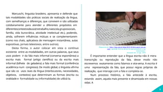 Marcuschi, linguista brasileiro, apresenta e defende que
tais modalidades são práticas sociais de realização da língua,
com semelhanças e diferenças, que convivem e são utilizadas
cotidianamente para atender a diferentes propósitos em
diferentescontextosdeuso(notrabalho,naescola,grupossociais,
família, vida burocrática, atividade intelectual etc.), podendo,
ainda, sofrerem influências mútuas e se complementarem
(como nos chats, aplicativos de mensagem instantânea, aulas
expositivas, jornais televisivos, entre outros).
Desta forma, o autor colocar em vista o contínuo
existente entre as modalidades, em outras palavras, que seus
usos podem ir da fala mais informal (conversa espontânea) a
escrita mais formal (artigo científico) ou da escrita mais
informal (bilhete de geladeira) a fala mais formal (conferência
acadêmica num congresso). De modo global, o linguista afirma
que são os usos reais da língua (interlocutores, necessidades,
objetivos, contextos) que determinam as formas (escrita ou
oralidade e formalidade ou informalidade) de utilizá-la.
Disponível em: http://2op.com.br/blog/2015/10/26/a-partir-de-oje-
voce- apremde-10-erros-de-escrita-que-prejudicam-a-sua-
comunicacao/.
Acessado em: 13 ago. 2019.
3
É importante entender que a língua escrita não é mera
transcrição ou reprodução da fala, desse modo não
escrevemos exatamente como falamos e vice-versa. A escrita é
uma representação da fala, que possui regras próprias de
realização, que interage com a fala e completa-se.
Num processo histórico, a fala antecede à escrita,
estando assim, aquela mais presente e dinamizada em nossas
vidas. A
 