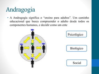 Andragogia 
• A Andragogia significa o “ensino para adultos”. Um caminho 
educacional que busca compreender o adulto desde todos os 
componentes humanos, e decidir como um ente 
Psicológico 
Biológico 
Social 
 
