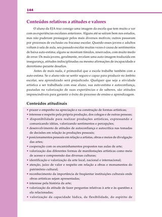 144
Conteúdos relativos a atitudes e valores
O aluno da EJA traz consigo uma imagem da escola que tem muito a ver
com as experiências escolares anteriores. Alguns até se saíram bem nos estudos,
mas não puderam prosseguir pelos mais diversos motivos; outros passaram
por processos de exclusão ou fracasso escolar. Quando esses jovens e adultos
voltam à sala de aula, seu passado escolar muitas vezes é causa de sentimentos
de baixa auto-estima; alguns se mostram tímidos, reservados, com muito medo
de errar. Os mais jovens, geralmente, revelam uma auto-imagem traduzida em
insegurança, atitudes indisciplinadas ou mesmo afirmações de incapacidade e
derrotismo perante desafios.
Antes de mais nada, é primordial que a escola trabalhe também com a
auto-estima. Se o aluno não se sentir seguro e capaz para produzir no âmbito
escolar, seu aprendizado será prejudicado. Qualquer que seja a atividade
artística a ser trabalhada com esse aluno, sua auto-estima e autoconfiança,
pautadas na valorização de suas experiências e de saberes, são atitudes
imprescindíveis para garantir o êxito do processo de ensino e aprendizagem.
Conteúdos atitudinais
• prazer e empenho na apreciação e na construção de formas artísticas;
• interesse e respeito pela própria produção, dos colegas e de outras pessoas;
• disponibilidade para realizar produções artísticas, expressando e
comunicando idéias, valorizando sentimentos e percepções;
• desenvolvimento de atitudes de autoconfiança e autocrítica nas tomadas
de decisões em relação às produções pessoais;
• posicionamentos pessoais em relação a artistas, obras e meios de divulgação
das artes;
• cooperação com os encaminhamentos propostos nas aulas de arte;
• valorização das diferentes formas de manifestações artísticas como meio
de acesso e compreensão das diversas culturas;
• identificação e valorização da arte local, nacional e internacional;
• atenção, juízo de valor e respeito em relação a obras e monumentos do
patrimônio cultural;
• reconhecimento da importância de freqüentar instituições culturais onde
obras artísticas sejam apresentadas;
• interesse pela história da arte;
• valorização da atitude de fazer perguntas relativas à arte e às questões a
ela relacionadas;
• valorização da capacidade lúdica, da flexibilidade, do espírito de
 