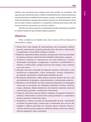 151
ARTE
estéticas que encontram para compor suas obras podem ser estudados. São
aspectos que contribuem para o melhor entendimento dos valores históricos e
sociais presentes no trabalho desses artistas e atuam, concomitantemente, como
fontes de repertório e apropriação da técnica da gravura. Instrumentam o aluno
em sua ação criadora, ajudando-o a conquistar confiança para lançar mão dos
recursos técnicos necessários ao seu fazer artístico.
Os três eixos (fazer, apreciar e contextualizar) estão articulados na prática,
ao mesmo tempo em que mantêm espaços próprios.
Objetivos
Entre os objetivos do trabalho com artes visuais na EJA se destacam os
relacionados a seguir.
• Desenvolver uma relação de autoconfiança com a produção artística
pessoal, relacionando a própria produção com a de outros, valorizando
e respeitando a diversidade artística e estética.
• Expressar, representar idéias, emoções, sensações por meio da articulação
de poéticas pessoais, desenvolvendo trabalhos individuais e grupais.
• Construir, expressar e comunicar-se em artes plásticas e visuais,
articulando a percepção, a imaginação, a memória, a sensibilidade e a
reflexão, e observando o próprio percurso de criação e suas conexões
com o de outros.
• Interagir com uma variedade de materiais naturais e fabricados e com
multimeios (computador, vídeo, holografia, cinema, fotografia),
percebendo, analisando e produzindo trabalhos de arte.
• Reconhecer, diferenciar e saber utilizar diversas técnicas de arte, com
procedimentos de pesquisa, experimentação e comunicação próprios.
• Identificar a diversidade e as inter-relações de elementos da linguagem
visual que se encontram em múltiplas realidades (vitrines, cenários,
roupas, adereços, objetos domésticos, movimentos corporais, meios de
comunicação), perceber e analisá-los criticamente.
• Conhecer, relacionar, apreciar objetos, imagens, concepções artísticas e
estéticas, observando a conexão entre essas produções e a experiência
artística pessoal e cultural do aluno.
• Freqüentar e utilizar as fontes de documentação de arte, valorizando
os modos de preservação, conservação e restauração dos acervos das
imagens e objetos presentes em variados meios culturais, físicos e
virtuais, museus, praças, galerias, ateliês de artistas, centros de cultura,
oficinas populares, feiras, mercados.
 