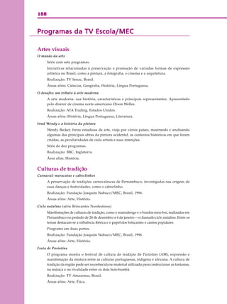 188
Programas da TV Escola/MECProgramas da TV Escola/MECProgramas da TV Escola/MECProgramas da TV Escola/MECProgramas da TV Escola/MEC
Artes visuais
O mundo da arte
Série com sete programas.
Iniciativas relacionadas à preservação e promoção de variadas formas de expressão
artística no Brasil, como a pintura, a fotografia, o cinema e a arquitetura.
Realização: TV Senac, Brasil.
Áreas afins: Ciências, Geografia, História, Língua Portuguesa.
O desafio: um tributo à arte moderna
A arte moderna: sua história, características e principais representantes. Apresentada
pelo diretor de cinema norte-americano Orson Welles.
Realização: ATA Trading, Estados Unidos.
Áreas afins: História, Língua Portuguesa, Literatura.
Irmã Wendy e a história da pintura
Wendy Becket, freira estudiosa da arte, viaja por vários países, mostrando e analisando
algumas das principais obras da pintura ocidental, os contextos históricos em que foram
criadas, as peculiaridades de cada artista e suas intenções.
Série de dez programas.
Realização: BBC, Inglaterra.
Área afim: História.
Culturas de tradição
Carnaval: maracatus e caboclinhos
A preservação de tradições carnavalescas de Pernambuco, investigadas nas origens de
suas danças e festividades, como o caboclinho.
Realização: Fundação Joaquim Nabuco/MEC, Brasil, 1996.
Áreas afins: Arte, História.
Ciclo natalino (série Brincantes Nordestinos)
Manifestações de culturas de tradição, como o mamulengo e o bumba-meu-boi, realizadas em
Pernambuco no período de 24 de dezembro a 6 de janeiro – o chamado ciclo natalino. Entre os
temas destacam-se a influência ibérica e o papel dos brincantes e cantos populares.
Programa em duas partes.
Realização: Fundação Joaquim Nabuco/MEC, Brasil, 1996.
Áreas afins: Arte, História.
Festa de Parintins
O programa mostra o festival de cultura de tradição de Parintins (AM), expressão e
manifestação da mistura entre as culturas portuguesas, indígena e africana. A cultura de
tradição da região pode ser reconhecida no material utilizado para confeccionar as fantasias,
na música e na rivalidade entre os dois bois-bumbá.
Realização: TV Amazonas, Brasil.
Áreas afins: Arte, Ética.
 