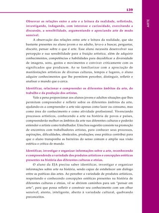 139
ARTE
Observar as relações entre a arte e a leitura da realidade, refletindo,
investigando, indagando, com interesse e curiosidade, exercitando a
discussão, a sensibilidade, argumentando e apreciando arte de modo
sensível.
A observação das relações entre arte e leitura da realidade, que são
bastante presentes no aluno jovem e no adulto, leva-o a buscar, perguntar,
discutir, pensar sobre o que é arte. Esse aluno necessita desenvolver sua
percepção e sua sensibilidade para a fruição artística, além de adquirir
conhecimentos, competências e habilidades para decodificar a diversidade
de imagens, sons, gestos e movimentos e conviver criticamente com os
significados que produzem. Ao se familiarizar com a apreciação de
manifestações artísticas de diversas culturas, tempos e lugares, o aluno
adquire conhecimentos que lhe permitem perceber, distinguir, refletir e
analisar o mundo que o cerca.
Identificar, relacionar e compreender os diferentes âmbitos da arte, do
trabalho e da produção dos artistas.
Vale a pena proporcionar aos alunos jovens e adultos situações que lhes
permitam compreender e refletir sobre os diferentes âmbitos da arte,
ajudando-os a compreender a arte não apenas como lazer ou consumo, mas
como área do conhecimento e como atividade profissional. Vivenciando
processos artísticos, conhecendo a arte na história de povos e países,
compreenderão melhor os âmbitos da arte nas diferentes culturas e poderão
entender o artista como trabalhador. Uma boa sugestão consiste na promoção
de encontros com trabalhadores artistas, para conhecer seus processos,
aspirações, dificuldades, obstáculos, produções; essa prática contribui para
que o aluno transponha as barreiras do senso comum e amplie sua visão
estética e crítica de mundo.
Identificar, investigar e organizar informações sobre a arte, reconhecendo
e compreendendo a variedade dos produtos artísticos e concepções estéticas
presentes na história das diferentes culturas e etnias.
O aluno da EJA precisa saber identificar, investigar e organizar
informações sobre arte na história, sendo capaz de estabelecer um diálogo
entre as poéticas das artes. Ao perceber a variedade de produtos artísticos,
respeitando e conhecendo concepções estéticas presentes na história de
diferentes culturas e etnias, vê se abrirem caminhos para um “pensar em
arte”, para que possa refletir e construir seu conhecimento com um olhar
sensível, atento, inteligente, aberto à variedade cultural, quebrando
preconceitos.
 