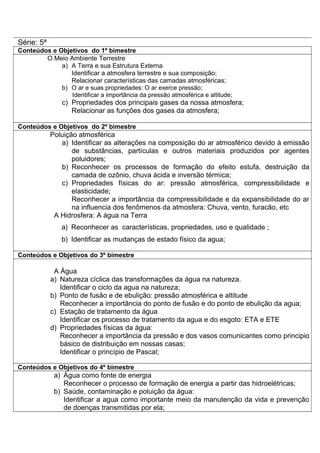 Série: 5ª
Conteúdos e Objetivos do 1º bimestre
O Meio Ambiente Terrestre
a) A Terra e sua Estrutura Externa
Identificar a atmosfera terrestre e sua composição;
Relacionar características das camadas atmosféricas;
b) O ar e suas propriedades: O ar exerce pressão;
Identificar a importância da pressão atmosférica e altitude;
c) Propriedades dos principais gases da nossa atmosfera;
Relacionar as funções dos gases da atmosfera;
Conteúdos e Objetivos do 2º bimestre
Poluição atmosférica
a) Identificar as alterações na composição do ar atmosférico devido à emissão
de substâncias, partículas e outros materiais produzidos por agentes
poluidores;
b) Reconhecer os processos de formação do efeito estufa, destruição da
camada de ozônio, chuva ácida e inversão térmica;
c) Propriedades físicas do ar: pressão atmosférica, compressibilidade e
elasticidade;
Reconhecer a importância da compressibilidade e da expansibilidade do ar
na influencia dos fenômenos da atmosfera: Chuva, vento, furacão, etc
A Hidrosfera: A água na Terra
a) Reconhecer as características, propriedades, uso e qualidade ;
b) Identificar as mudanças de estado físico da agua;
Conteúdos e Objetivos do 3º bimestre
A Água
a) Natureza cíclica das transformações da água na natureza.
Identificar o ciclo da agua na natureza;
b) Ponto de fusão e de ebulição: pressão atmosférica e altitude
Reconhecer a importância do ponto de fusão e do ponto de ebulição da agua;
c) Estação de tratamento da água
Identificar os processo de tratamento da agua e do esgoto: ETA e ETE
d) Propriedades físicas da água:
Reconhecer a importância da pressão e dos vasos comunicantes como principio
básico de distribuição em nossas casas;
Identificar o princípio de Pascal;
Conteúdos e Objetivos do 4º bimestre
a) Água como fonte de energia
Reconhecer o processo de formação de energia a partir das hidroelétricas;
b) Saúde, contaminação e poluição da água:
Identificar a agua como importante meio da manutenção da vida e prevenção
de doenças transmitidas por ela;
 