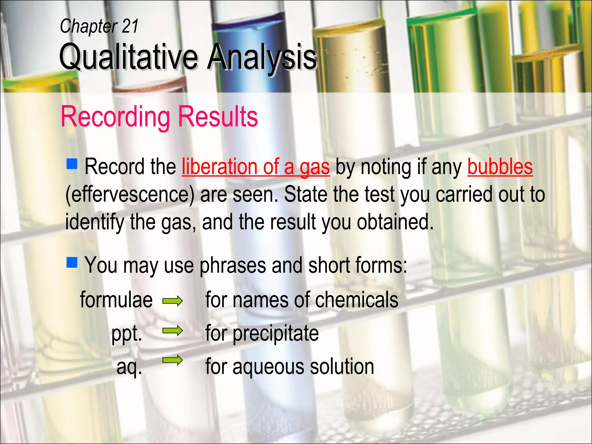 Recording Results
formulae for names of chemicals
ppt. for precipitate
aq. for aqueous solution
 You may use phrases and short forms:
 Record the liberation of a gas by noting if any bubbles
(effervescence) are seen. State the test you carried out to
identify the gas, and the result you obtained.
Qualitative AnalysisQualitative Analysis
Chapter 21
 