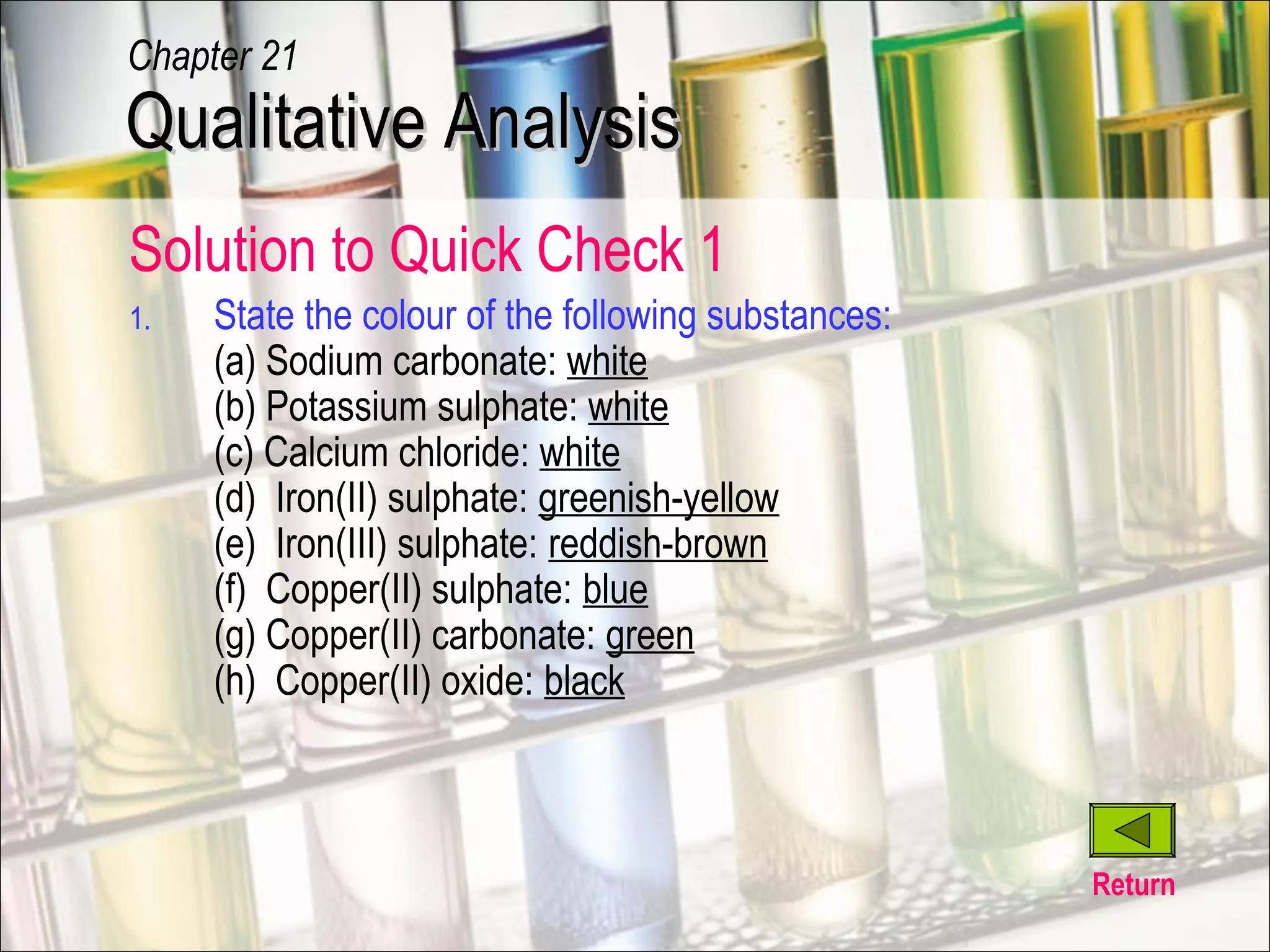 1. State the colour of the following substances:
(a) Sodium carbonate: white
(b) Potassium sulphate: white
(c) Calcium chloride: white
(d) Iron(II) sulphate: greenish-yellow
(e) Iron(III) sulphate: reddish-brown
(f) Copper(II) sulphate: blue
(g) Copper(II) carbonate: green
(h) Copper(II) oxide: black
Return
Qualitative AnalysisQualitative Analysis
Chapter 21
Solution to Quick Check 1
 