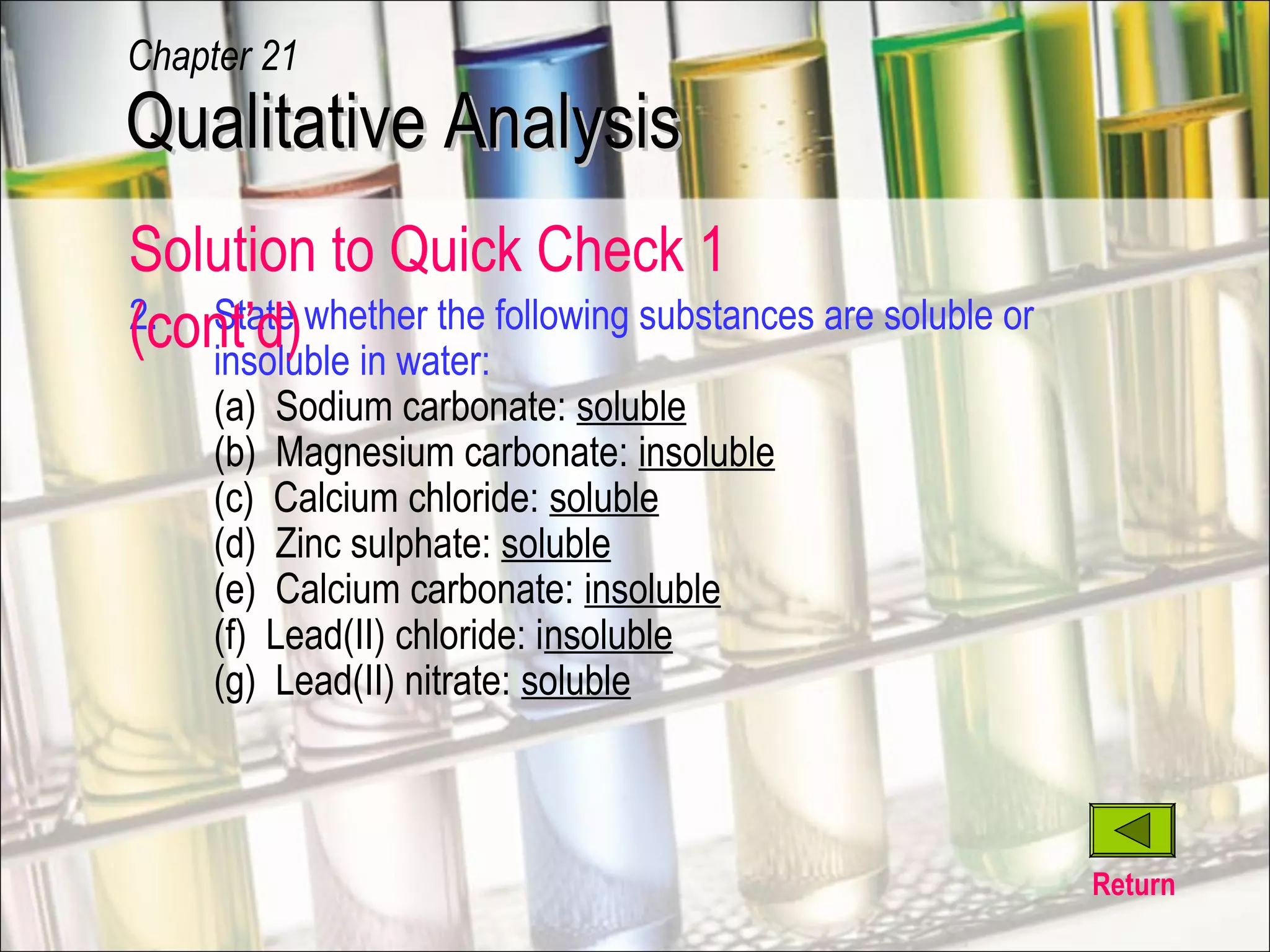 2. State whether the following substances are soluble or
insoluble in water:
(a) Sodium carbonate: soluble
(b) Magnesium carbonate: insoluble
(c) Calcium chloride: soluble
(d) Zinc sulphate: soluble
(e) Calcium carbonate: insoluble
(f) Lead(II) chloride: insoluble
(g) Lead(II) nitrate: soluble
Return
Qualitative AnalysisQualitative Analysis
Chapter 21
Solution to Quick Check 1
(cont’d)
 