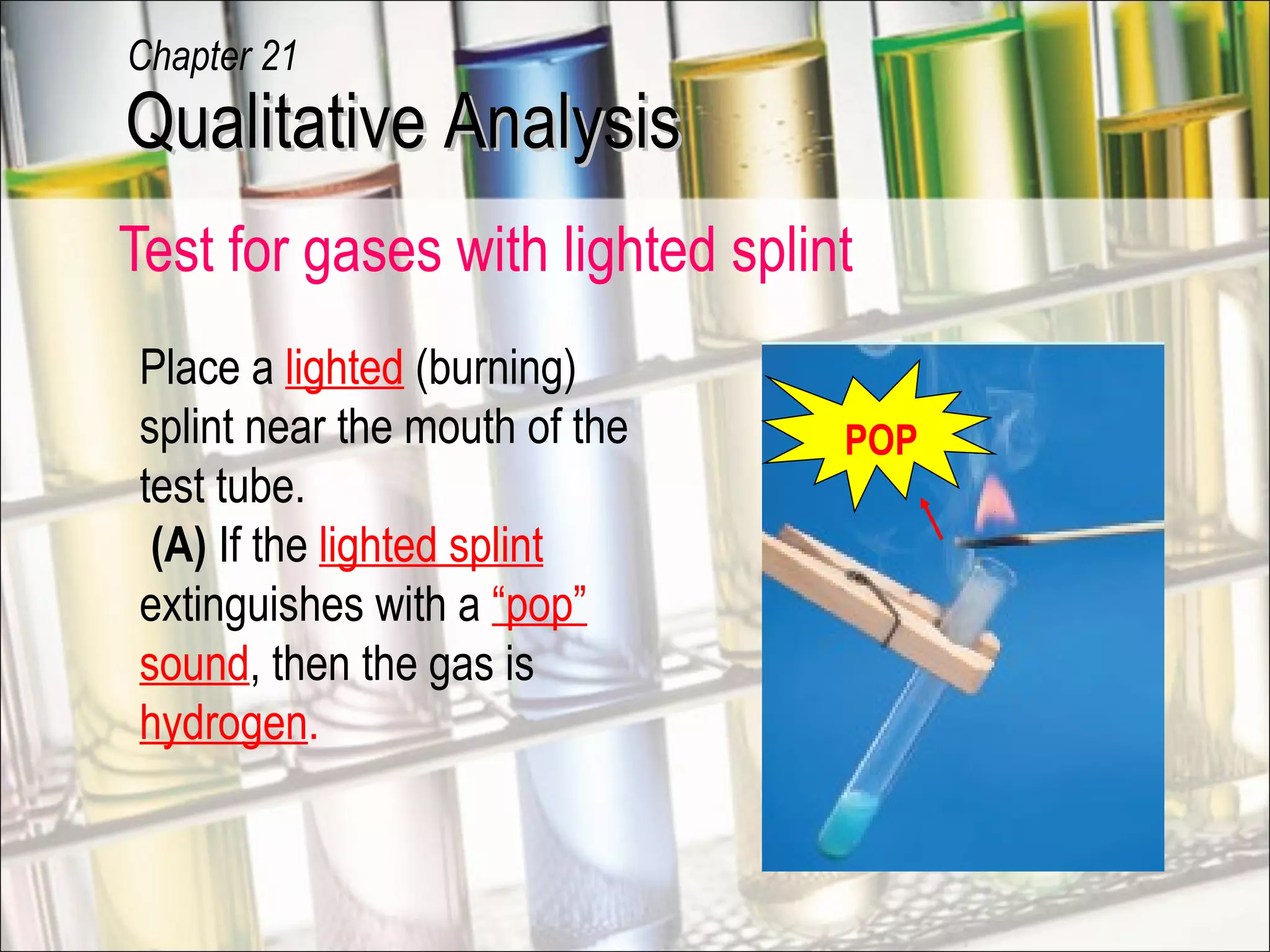 Test for gases with lighted splint
POP
Place a lighted (burning)
splint near the mouth of the
test tube.
(A) If the lighted splint
extinguishes with a “pop”
sound, then the gas is
hydrogen.
Qualitative AnalysisQualitative Analysis
Chapter 21
 