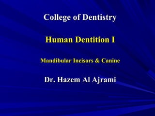 College of DentistryCollege of Dentistry
Human Dentition IHuman Dentition I
Mandibular Incisors & CanineMandibular Incisors & Canine
Dr. Hazem Al AjramiDr. Hazem Al Ajrami
 