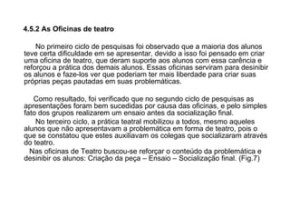 4.5.2 As Oficinas de teatro No primeiro ciclo de pesquisas foi observado que a maioria dos alunos teve certa dificuldade em se apresentar, devido a isso foi pensado em criar uma oficina de teatro, que deram suporte aos alunos com essa carência e reforçou a prática dos demais alunos. Essas oficinas serviram para desinibir os alunos e faze-los ver que poderiam ter mais liberdade para criar suas próprias peças pautadas em suas problemáticas. Como resultado, foi verificado que no segundo ciclo de pesquisas as apresentações foram bem sucedidas por causa das oficinas, e pelo simples fato dos grupos realizarem um ensaio antes da socialização final. No terceiro ciclo, a prática teatral mobilizou a todos, mesmo aqueles alunos que não apresentavam a problemática em forma de teatro, pois o que se constatou que estes auxiliavam os colegas que socializaram através do teatro. Nas oficinas de Teatro buscou-se reforçar o conteúdo da problemática e desinibir os alunos: Criação da peça – Ensaio – Socialização final. (Fig.7) 