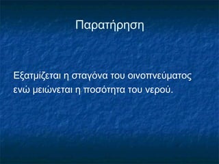 Παρατήρηση



Εξατμίζεται η σταγόνα του οινοπνεύματος
ενώ μειώνεται η ποσότητα του νερού.
 