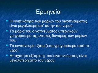 Ερμηνεία
   Η κινητικότητα των μορίων του οινοπνεύματος
    είναι μεγαλύτερη απ’ αυτήν του νερού.
   Τα μόρια του οινοπνεύματος υπερνικούν
    γρηγορότερα τις ελκτικές δυνάμεις των μορίων
    του.
   Το οινόπνευμα εξατμίζεται γρηγορότερα από το
    νερό.
   Η ταχύτητα εξάτμισης του οινοπνεύματος είναι
    μεγαλύτερη από του νερού.
 