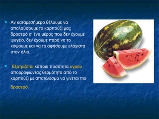    Αν καταμεσήμερο θέλουμε να
    απολαύσουμε το καρπούζι μας
    δροσερό σ' ένα μέρος που δεν έχουμε
    ψυγείο, δεν έχουμε παρά να το
    κόψουμε και να το αφήσουμε ελάχιστα
    στον ήλιο.


    Εξατμίζεται κάποια ποσότητα υγρού
    απορροφώντας θερμότητα από το
    καρπούζι με αποτέλεσμα να γίνεται πιο
    δροσερό.
 