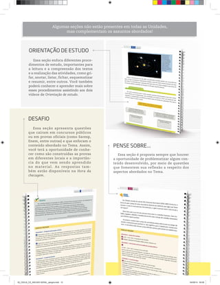 Essa seção apresenta questões
que caíram em concursos públicos
ou em provas oficiais (como Saresp,
Enem, entre outras) e que enfocam o
conteúdo abordado no Tema. Assim,
você terá a oportunidade de conhe-
cer como são construídas as provas
em diferentes locais e a importân-
cia do que vem sendo aprendido
no material. As respostas tam-
bém estão disponíveis na Hora da
checagem.
Essa seção é proposta sempre que houver
a oportunidade de problematizar algum con-
teúdo desenvolvido, por meio de questões
que fomentem sua reflexão a respeito dos
aspectos abordados no Tema.
DESAFIO
PENSE SOBRE...
Essa seção enfoca diferentes proce-
dimentos de estudo, importantes para
a leitura e a compreensão dos textos
e a realização das atividades, como gri-
far, anotar, listar, fichar, esquematizar
e resumir, entre outros. Você também
poderá conhecer e aprender mais sobre
esses procedimentos assistindo aos dois
vídeos de Orientação de estudo.
Algumas seções não estão presentes em todas as Unidades,
mas complementam os assuntos abordados!
ORIENTAÇÃO DE ESTUDO
ntam os assuntos abordados!
02_CEEJA_CE_INICIAIS GERAL_sangria.indd 12 04/09/14 09:06
 