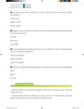 136 UNIDADE 5
3 Jurandir ganha R$  1.000,00 de salário. Qual será o seu salário depois
do aumento?
a) R$ 125,00
b) R$ 1.125,00
c) R$ 1.250,00
4 Suponha que a cidade de Campinas tenha 100.000 automóveis. Indique quantos
têm mais de 10 anos:
a) 1.200
b) 12.000
c) 120.000
5 Se o orçamento da cidade de Pontal era de 1 milhão de reais no ano passado,
qual é o orçamento deste ano?
a) R$ 35.000.000,00
b) R$ 350.000,00
c) R$ 1.350.000,00
6 Neste ano, 10.000 estudantes prestaram o vestibular. Quantas eram as candidatas?
a) 54
b) 540
c) 5.400
Quando você for ler um gráfico, sempre comece pelo título, para saber o assunto
de que ele trata.
Atente para os valores extremos, ou seja, o maior e o menor valor, para que
possa compreender os outros valores em relação a eles.
BOOK_MAT_VOL 1.indb 136 26/06/14 15:43
 