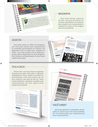 VOCÊ SABIA?
Esse boxe apresenta curiosidades relacio-
nadas ao assunto que você está estudando.
Ele traz informações que complementam
seus conhecimentos.
FICA A DICA!
Nesse boxe você encontrará sugestões
diversas para saber mais sobre o conteúdo
trabalhado no Tema: assistir a um filme ou
documentário, ouvir uma música, ler um
livro, apreciar uma obra de arte etc. Esses
outros materiais o ajudarão a ampliar seus
conhecimentos. Por isso, siga as dicas
sempre que possível.
ASSISTA!
Esse boxe indica os vídeos do Programa,
que você pode assistir para complementar
os conteúdos apresentados no Caderno. São
indicados tanto os vídeos que compõem os
DVDs – que você recebeu com os Cadernos –
quanto outros, disponíveis no site do Programa.
Para facilitar sua identificação, há dois ícones
usados nessa seção.
ma,
tar
São
os
s –
ma.
nes
BIOGRAFIA
Esse boxe aborda aspectos
da vida e da obra de autores ou
artistas trabalhados no material,
para ampliar sua compreensão a
respeito do texto ou da imagem
que está estudando.
BI
da
art
pa
res
qu
CEEJA_CE_INICIAIS GERAL_sangria.indd 14 04/07/14 13:28
 