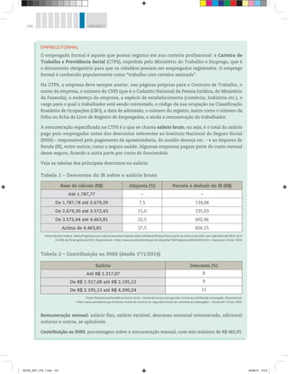 140 UNIDADE 5
EMPREGO FORMAL
O empregado formal é aquele que possui registro em sua carteira profissional: a Carteira de
Trabalho e Previdência Social (CTPS), expedida pelo Ministério do Trabalho e Emprego, que é
o documento obrigatório para que os cidadãos possam ser empregados registrados. O emprego
formal é conhecido popularmente como “trabalho com carteira assinada”.
Na CTPS, a empresa deve sempre anotar, nas páginas próprias para o Contrato de Trabalho, o
nome da empresa, o número do CNPJ (que é o Cadastro Nacional da Pessoa Jurídica, do Ministério
da Fazenda), o endereço da empresa, a espécie de estabelecimento (comércio, indústria etc.), o
cargo para o qual o trabalhador está sendo contratado, o código da sua ocupação na Classificação
Brasileira de Ocupações (CBO), a data de admissão, o número do registro, assim como o número da
folha ou ficha do Livro de Registro de Empregados, e ainda a remuneração do trabalhador.
A remuneração especificada na CTPS é o que se chama salário bruto, ou seja, é o total do salário
pago pelo empregador antes dos descontos referentes ao Instituto Nacional do Seguro Social
(INSS) – responsável pelo pagamento da aposentadoria, do auxílio-doença etc. – e ao Imposto de
Renda (IR), entre outros, como o seguro-saúde. Algumas empresas pagam parte do custo mensal
desse seguro, ficando a outra parte por conta do funcionário.
Veja as tabelas dos principais descontos no salário:
Tabela 1 – Descontos do IR sobre o salário bruto
Base de cálculo (R$) Alíquota (%) Parcela a deduzir do IR (R$)
Até 1.787,77 – –
De 1.787,78 até 2.679,29 7,5 134,08
De 2.679,30 até 3.572,43 15,0 335,03
De 3.572,44 até 4.463,81 22,5 602,96
Acima de 4.463,81 27,5 826,15
Fonte: Receita Federal. Tabela Progressiva para cálculo mensal do Imposto sobre a Renda da Pessoa Física a partir do exercício de 2015, ano-calendário de 2014. Lei no
12.469, de 26 de agosto de 2011. Disponível em: <http://www.receita.fazenda.gov.br/aliquotas/TabProgressiva2012a2015.htm>. Acesso em: 13 mar. 2014.
Tabela 2 – Contribuição ao INSS (desde 1o
/1/2014)
Salário Desconto (%)
Até R$ 1.317,07 8
De R$ 1.317,08 até R$ 2.195,12 9
De R$ 2.195,13 até R$ 4.390,24 11
Fonte: Ministério da Previdência Social. Inicial – Central de serviços ao segurado: formas de contribuição: empregado. Disponível em:
<http://www.previdencia.gov.br/inicial-central-de-servicos-ao-segurado-formas-de-contribuicao-empregado/>. Acesso em: 13 mar. 2014.
Remuneração mensal: salário fixo, salário variável, descanso semanal remunerado, adicional
noturno e outros, se aplicáveis.
Contribuição ao INSS: porcentagem sobre a remuneração mensal, com teto máximo de R$ 482,93.
BOOK_MAT_VOL 1.indb 140 26/06/14 15:43
 