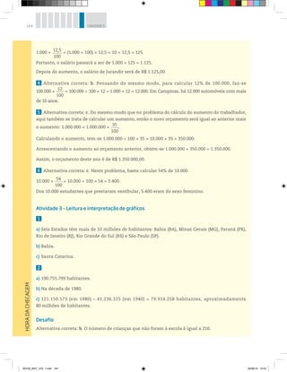 144 UNIDADE 5
1.000 × 
12,5
100
= (1.000 ÷ 100) × 12,5 = 10 × 12,5 = 125.
Portanto, o salário passará a ser de 1.000 + 125 = 1.125.
Depois do aumento, o salário de Jurandir será de R$ 1.125,00.
4 Alternativa correta: b. Pensando do mesmo modo, para calcular 12% de 100.000, faz-se
100.000 × 
12
100
 = 100.000 ÷ 100 × 12 = 1.000 × 12 = 12.000. Em Campinas, há 12.000 automóveis com mais
de 10 anos.
5 Alternativa correta: c. Do mesmo modo que no problema do cálculo do aumento do trabalhador,
aqui também se trata de calcular um aumento, então o novo orçamento será igual ao anterior mais
o aumento: 1.000.000 + 1.000.000 ×
35
100
.
Calculando o aumento, tem-se 1.000.000 ÷ 100 × 35 = 10.000 × 35 = 350.000.
Acrescentando o aumento ao orçamento anterior, obtém-se 1.000.000 + 350.000 = 1.350.000.
Assim, o orçamento deste ano é de R$ 1.350.000,00.
6 Alternativa correta: c. Neste problema, basta calcular 54% de 10.000.
10.000 ×
54
100
= 10.000 ÷ 100 × 54 = 5.400.
Dos 10.000 estudantes que prestaram vestibular, 5.400 eram do sexo feminino.
Atividade 3 – Leitura e interpretação de gráficos
1
a) Seis Estados têm mais de 10 milhões de habitantes: Bahia (BA), Minas Gerais (MG), Paraná (PR),
Rio de Janeiro (RJ), Rio Grande do Sul (RS) e São Paulo (SP).
b) Bahia.
c) Santa Catarina.
2
a) 190.755.799 habitantes.
b) Na década de 1980.
c) 121.150.573 (em 1980) – 41.236.315 (em 1940) = 79.914.258 habitantes, aproximadamente
80 milhões de habitantes.
Desafio
Alternativa correta: b. O número de crianças que não foram à escola é igual a 210.
HORADACHECAGEM
BOOK_MAT_VOL 1.indb 144 26/06/14 15:43
 