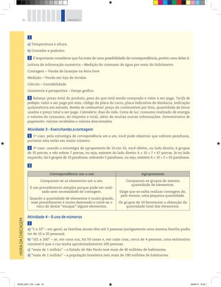 30 UNIDADE 1
HORADACHECAGEM
1
a) Temperatura e altura.
b) Contador e pedreiro.
2 É importante considerar que há mais de uma possibilidade de correspondência, porém uma delas é:
Leitura de informação numérica – Medição do consumo de água por meio do hidrômetro
Contagem – Venda de laranjas na feira livre
Medição – Venda em loja de tecidos
Cálculo – Contabilidade
Geometria e perspectiva – Design gráfico
3 Balança: preço total do produto, peso do que está sendo comprado e valor a ser pago. Tarifa de
pedágio: valor a ser pago por eixo, código da placa do carro, placa indicativa de distância, indicação
quilométrica em estrada. Bomba de combustível: preço do combustível por litro, quantidade de litros
usados e preço total a ser pago. Calendário: dias do mês. Conta de luz: consumo realizado de energia
e valores do consumo, do imposto e total, além de muitas outras informações. Demonstrativo de
pagamento: valores recebidos e valores descontados.
Atividade 3 – Exercitando a contagem
1 1o
caso: pela estratégia de correspondência um a um, você pode observar que sobram parafusos,
portanto eles estão em maior número.
2 2o
caso: usando a estratégia de agrupamento de 10 em 10, você obtém, no lado direito, 6 grupos
de 10 porcas, e vão sobrar 7 porcas, ou seja, existem do lado direito: 6 × 10 + 7 = 67 porcas. Já no lado
esquerdo, há 6 grupos de 10 parafusos, sobrando 5 parafusos, ou seja, existem 6 × 10 + 5 = 65 parafusos.
3
Correspondência um a um Agrupamento
Comparam-se os elementos um a um.
É um procedimento simples porque pode ser reali-
zado sem necessidade de contagem.
Quando a quantidade de elementos é muito grande,
esse procedimento é muito demorado e corre-se o
risco de deixar “escapar” alguns elementos.
Comparam-se grupos de mesma
quantidade de elementos.
Exige que se saiba realizar contagem de,
pelo menos, uma pequena quantidade.
Os grupos de 10 favorecem a obtenção da
quantidade total dos elementos.
Atividade 4 – O uso de números
1
a) “1 a 10” – em geral, as famílias atuais têm até 5 pessoas (antigamente uma mesma família podia
ter de 10 a 20 pessoas).
b) “101 a 200” – se, em uma rua, há 50 casas e, em cada casa, cerca de 4 pessoas, uma estimativa
razoável é que a rua tenha aproximadamente 200 pessoas.
c) “mais de 1 milhão” – o Estado de São Paulo tem mais de 40 milhões de habitantes.
d) “mais de 1 milhão” – a população brasileira tem mais de 190 milhões de habitantes.
BOOK_MAT_VOL 1.indb 30 26/06/14 15:39
 