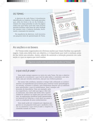 OS TEMAS
A abertura de cada Tema é visualmente
identificada no Caderno. Você pode perceber
que, além do título e da cor da Unidade, o
número de caixas pintadas no alto da página
indica em qual Tema você está. Esse recurso
permite localizar cada Tema de cada Unidade
até mesmo com o Caderno fechado, facili-
tando o manuseio do material.
Na sequência da abertura, você encontra
um pequeno texto de apresentação do Tema.
As seções e os boxes
Os Temas estão organizados em diversas seções que visam facilitar sua aprendi-
zagem. Cada uma delas tem um objetivo, e é importante que você o conheça antes
de dar início aos estudos. Assim, saberá de antemão a intenção presente em cada
seção e o que se espera que você realize.
Algumas seções estão presentes em todos os Temas!
Essa seção sempre aparece no início de cada Tema. Ela tem o objetivo
de ajudá-lo a reconhecer o que você já sabe sobre o conteúdo a ser estu-
dado, seja por estudos anteriores, seja por sua vivência pessoal.
Em nossa vida cotidiana, estamos o tempo todo utilizando os conheci-
mentos e as experiências que já temos para construir novas aprendizagens.
Ao estudar, acontece o mesmo, pois lembramos daquilo que já sabemos
para aprofundar o que já conhecíamos. Esse é sempre um
processo de descoberta. Veja um exemplo: pela
sua experiência, você sabe que água e óleo não
se misturam, mas talvez não tenha tido a oportu-
nidade de conhecer as razões para que isso acon-
teça. As explicações científicas serão apresentadas
no material de Ciências, e você dará um passo a
mais na ampliação de seus conhecimentos.
Essa seção pode ser composta por algumas per-
guntas ou um pequeno texto que o ajudarão a bus-
car na memória o que você já sabe a respeito do
conteúdo tratado no Tema.
O QUE VOCÊ JÁ SABE?
CEEJA_CE_INICIAIS GERAL_sangria.indd 9 04/07/14 13:28
 