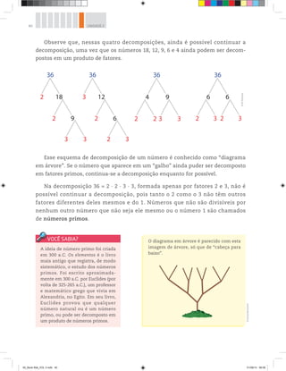 40 UNIDADE 2
Observe que, nessas quatro decomposições, ainda é possível continuar a
decomposição, uma vez que os números 18, 12, 9, 6 e 4 ainda podem ser decom-
postos em um produto de fatores.
A ideia de número primo foi criada
em 300 a.C. Os elementos é o livro
mais antigo que registra, de modo
sistemático, o estudo dos números
primos. Foi escrito aproximada-
mente em 300 a.C. por Euclides (por
volta de 325-265 a.C.), um professor
e matemático grego que vivia em
Alexandria, no Egito. Em seu livro,
Euclides provou que qualquer
número natural ou é um número
primo, ou pode ser decomposto em
um produto de números primos.
36
2 18
2 9
3 3
36
3 12
2 6
2 3
36
4 9
3 32 2
36
6 6
3 32 2
©R2Editorial
Esse esquema de decomposição de um número é conhecido como “diagrama
em árvore”. Se o número que aparece em um “galho” ainda puder ser decomposto
em fatores primos, continua-se a decomposição enquanto for possível.
Na decomposição 36 = 2 ∙ 2 ∙ 3 ∙ 3, formada apenas por fatores 2 e 3, não é
possível continuar a decomposição, pois tanto o 2 como o 3 não têm outros
fatores diferentes deles mesmos e do 1. Números que não são divisíveis por
nenhum outro número que não seja ele mesmo ou o número 1 são chamados
de números primos.
O diagrama em árvore é parecido com esta
imagem de árvore, só que de “cabeça para
baixo”.
©DanielBeneventi
00_Book Mat_VOL 3.indb 40 01/08/14 08:56
 