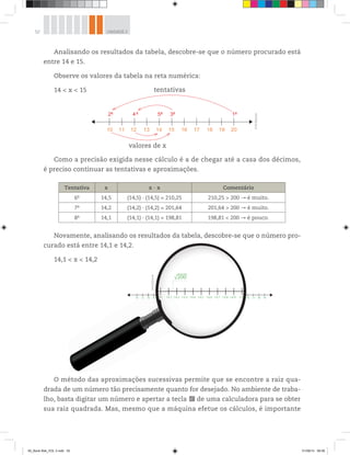 52 UNIDADE 2
Analisando os resultados da tabela, descobre-se que o número procurado está
entre 14 e 15.
Observe os valores da tabela na reta numérica:
14 < x < 15
Como a precisão exigida nesse cálculo é a de chegar até a casa dos décimos,
é preciso continuar as tentativas e aproximações.
Tentativa x x ∙ x Comentário
6a
14,5 (14,5) ∙ (14,5) = 210,25 210,25 > 200 é muito.
7a
14,2 (14,2) ∙ (14,2) = 201,64 201,64 > 200 é muito.
8a
14,1 (14,1) ∙ (14,1) = 198,81 198,81 < 200 é pouco.
Novamente, analisando os resultados da tabela, descobre-se que o número pro-
curado está entre 14,1 e 14,2.
14,1 < x < 14,2
O método das aproximações sucessivas permite que se encontre a raiz qua-
drada de um número tão precisamente quanto for desejado. No ambiente de traba-
lho, basta digitar um número e apertar a tecla √ de uma calculadora para se obter
sua raiz quadrada. Mas, mesmo que a máquina efetue os cálculos, é importante
√200
10 11 12 13 16 17 18 1914,114 14,2 14,3 14,4 14,5 14,6 14,7 14,8 14,9 150 11 12 13
√2000√
14,2 14,3 14,4 14,5 14,14,6 14,14,77 14,8 14,,99 1555144,1 11444 1
©R2Editorial
©R2Editorial
2a
10 11 12 13 14 15 16 17 18 19 20
4a
5a
3a
1a
tentativas
valores de x
00_Book Mat_VOL 3.indb 52 01/08/14 08:56
 