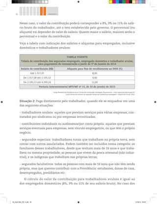 56 UNIDADE 2
Nesse caso, o valor da contribuição poderá corresponder a 8%, 9% ou 11% do salá-
rio bruto do trabalhador, até o teto estabelecido pelo governo. O percentual (ou
alíquota) vai depender do valor do salário. Quanto maior o salário, maiores serão o
percentual e o valor da contribuição.
Veja a tabela com indicação dos salários e alíquotas para empregados, inclusive
domésticos e trabalhadores avulsos:
TABELA VIGENTE
Tabela de contribuição dos segurados empregado, empregado doméstico e trabalhador avulso,
para pagamento de remuneração a partir de 1o
de Janeiro de 2014
Salário de contribuição (R$) Alíquota para fins de recolhimento ao INSS (%)
Até 1.317,07 8,00
De 1.317,08 até 2.195,12 9,00
De 2.195,13 até 4.390,24 11,00
Portaria Interministerial MPS/MF no
15, de 10 de janeiro de 2013
Fonte: Ministério da Previdência Social. Formas de contribuição: empregado. Disponível em: <http://www.previdencia.gov.br/
inicial-central-de-servicos-ao-segurado-formas-de-contribuicao-empregado/>. Acesso em: 25 mar. 2014.
Situação 2: Paga diretamente pelo trabalhador, quando ele se enquadrar em uma
das seguintes situações:
– trabalhadores avulsos: aqueles que prestam serviços para várias empresas, con-
tratados por sindicatos ou por empresas terceirizadas;
– contribuintes individuais ou autônomos/por conta própria: aqueles que prestam
serviços eventuais para empresas, sem vínculo empregatício, ou que têm o próprio
negócio;
– segurados especiais: trabalhadores rurais que trabalham na própria terra, sem
contar com outros assalariados. Podem também ser incluídos nessa categoria: os
familiares desses trabalhadores, desde que tenham mais de 16 anos e que traba-
lhem na mesma propriedade; as pessoas que vivem da pesca artesanal (não indus-
trial); e os indígenas que trabalham nas próprias terras;
– segurados facultativos: todas as pessoas com mais de 16 anos que não têm renda
própria, mas que querem contribuir com a Previdência: estudantes, donas de casa,
desempregados, presidiários etc.
O cálculo do valor da contribuição para trabalhadores avulsos é igual ao
dos empregados domésticos (8%, 9% ou 11% de seu salário bruto). No caso dos
00_Book Mat_VOL 3.indb 56 01/08/14 08:56
 