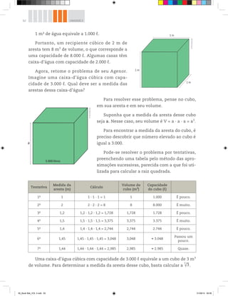 62 UNIDADE 2
1 m3 de água equivale a 1.000 ℓ.
Portanto, um recipiente cúbico de 2 m de
aresta tem 8 m3
de volume, o que corresponde a
uma capacidade de 8.000 ℓ. Algumas casas têm
caixa-d’água com capacidade de 2.000 ℓ.
Agora, retome o problema de seu Agenor.
Imagine uma caixa-d’água cúbica com capa-
cidade de 3.000 ℓ. Qual deve ser a medida das
arestas dessa caixa-d’água?
Para resolver esse problema, pense no cubo,
em sua aresta e em seu volume.
Suponha que a medida da aresta desse cubo
seja a. Nesse caso, seu volume é V = a ∙ a ∙ a = a3
.
Para encontrar a medida da aresta do cubo, é
preciso descobrir que número elevado ao cubo é
igual a 3.000.
Pode-se resolver o problema por tentativas,
preenchendo uma tabela pelo método das apro-
ximações sucessivas, parecida com a que foi uti-
lizada para calcular a raiz quadrada.
Tentativa
Medida da
aresta (m)
Cálculo
Volume do
cubo (m3
)
Capacidade
do cubo (ℓ)
1a
1 1 ∙ 1 ∙ 1 = 1 1 1.000 É pouco.
2a
2 2 ∙ 2 ∙ 2 = 8 8 8.000 É muito.
3a
1,2 1,2 ∙ 1,2 ∙ 1,2 = 1,728 1,728 1.728 É pouco.
4a
1,5 1,5 ∙ 1,5 ∙ 1,5 = 3,375 3,375 3.375 É muito.
5a
1,4 1,4 ∙ 1,4 ∙ 1,4 = 2,744 2,744 2.744 É pouco.
6a
1,45 1,45 ∙ 1,45 ∙ 1,45 = 3,048 3,048 3.048
Passou um
pouco.
7a
1,44 1,44 ∙ 1,44 ∙ 1,44 = 2,985 2,985 2.985 Quase.
Uma caixa-d’água cúbica com capacidade de 3.000 ℓ equivale a um cubo de 3 m3
de volume. Para determinar a medida da aresta desse cubo, basta calcular a √3
3
.
1 m
1 m
1 m
1 m
a
3.000 litros
©R2Editorial
©R2Editorial
00_Book Mat_VOL 3.indb 62 01/08/14 08:56
 