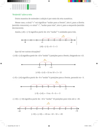 72 UNIDADE 3
“Andando” sobre a reta
Outra maneira de entender a adição é por meio da reta numérica.
Nesse caso, o sinal “+” vai significar “andar para a frente”, isto é, para a direita
(sentido crescente), e o sinal “–”, “andar para trás”, isto é, para a esquerda (sentido
decrescente).
Assim, (+8) + (–5) significa partir de +8 e “andar” 5 unidades para trás.
llustrações:©R2Editorial
Que tal ver outras situações?
(+10) + (+2) significa partir de +10 e “andar” 2 posições para a frente, chegando no +12.
(–9) + (+6) significa partir de –9 e “andar” 6 posições para a frente, parando no –3.
(–10) + (–10) significa partir de –10 e “andar” 10 posições para trás até o – 20.
(–10) + (–10) = –20 ou –10 – 10 = –20
–20 –10
(–9) + (+6) = –3 ou –9 + 6 = –3
–9 –3
(+10) + (+2) = 12 ou 10 + 2 = 12
+12+10
(+8) + (–5) = 8 – 5 = 3
+8+30
00_Book Mat_VOL 3.indb 72 01/08/14 08:56
 